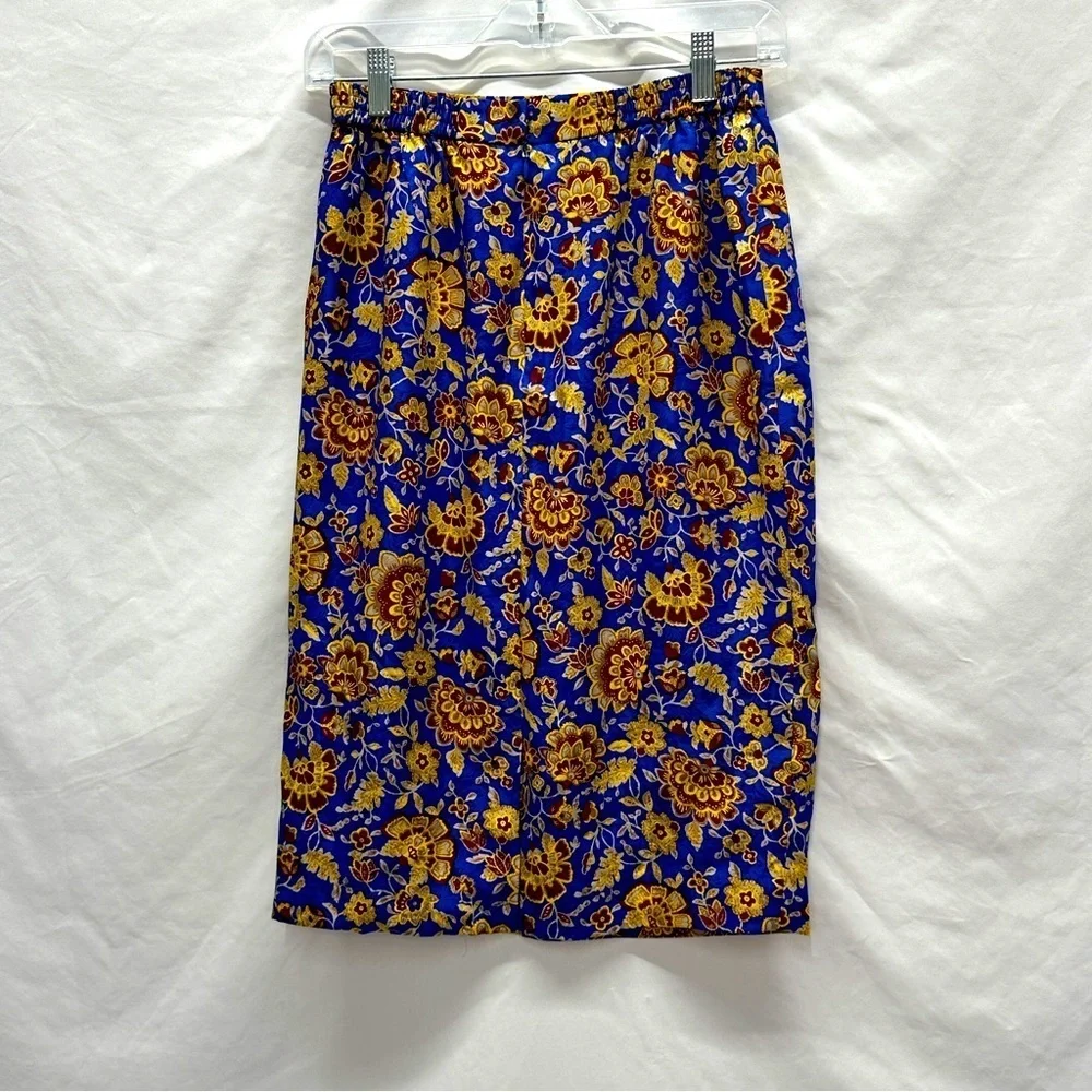 Stunning Vintage Korean Silk Pencil Skirt Blue Gold Never Worn Size S